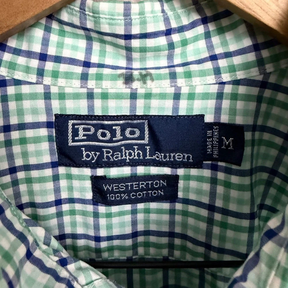 Polo Ralph Lauren Button Down Shirt Medium Green Blue Plaid Westerton Cotton
